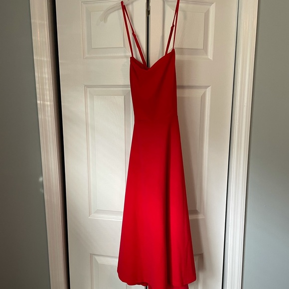 Strappy back Midi Spaghetti Strap Red Dress Ribbon Bow - Picture 3 of 6